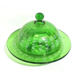 Vintage Antique Green Art Deco Glass Hand Painted Candy Dish Bowl W/ Lid